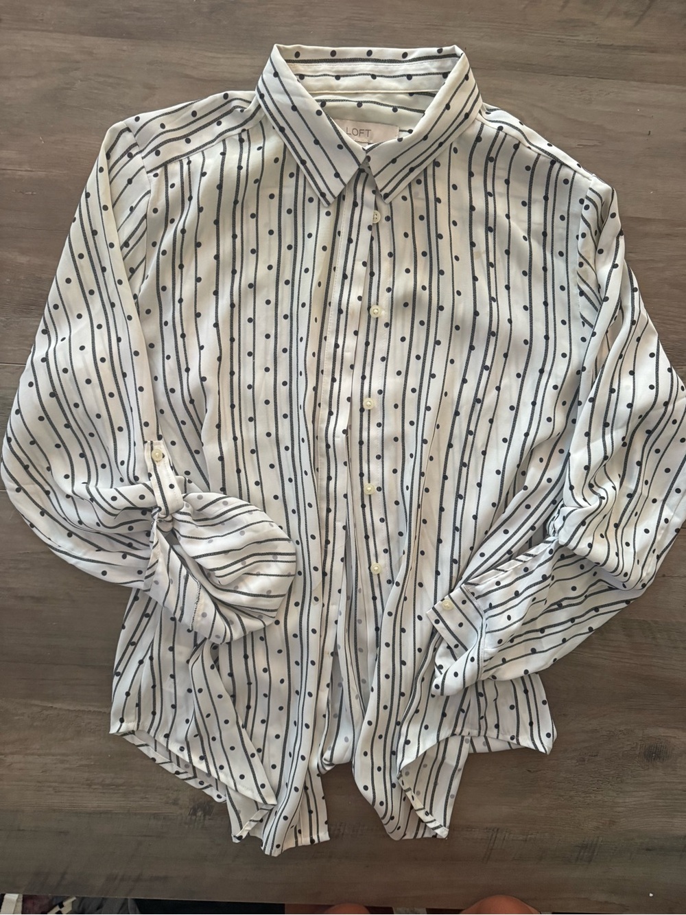 LOFT White Button-Up Shirt with Navy Stripe & Dot Pattern